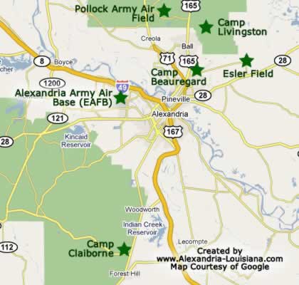 Map showing the location of World War II military camps in the Alexandria Louisiana area