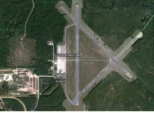 Aerial view of Pollock Municipal Airport in Louisiana, the former Pollock Army Airfield