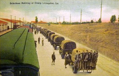 Selectees arriving by train at Camp Livingston, east of Alexandria, during World War II