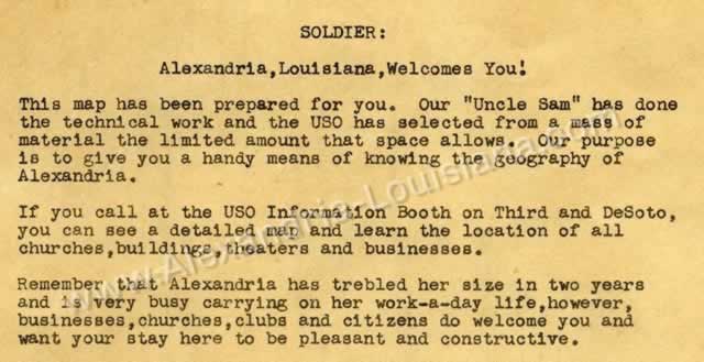"SOLDIER: Alexandria, Louisiana Welcomes You!" - USO information sheet and local bus routes and map for soldiers at Camp Livingston in the 1940s